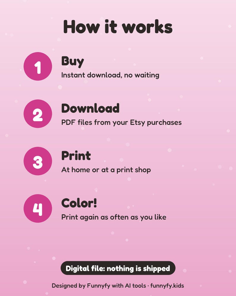 Puede incluir: Un gr&aacute;fico informativo rosa titulado How it works, que enumera cuatro pasos: 1 Buy, 2 Download, 3 Print y 4 Color. Cada paso incluye breves instrucciones. Un bot&oacute;n negro en la parte inferior indica Digital file: nothing is shipped.