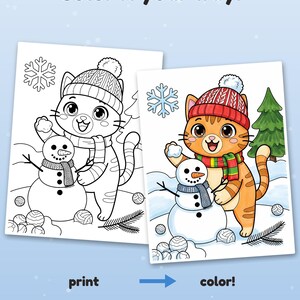 May include: Coloring page featuring a cartoon cat wearing a knit hat and scarf, building a snowman in a snowy landscape with a pine tree and snowflakes. The text reads Color it your way! print, color! Example colored with AI, for inspiration.