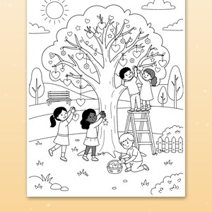May include: A black and white coloring page featuring four children decorating a large tree with heart and star ornaments. Two children stand on a ladder, while two others reach for branches. One child kneels with a basket. The text reads Thick, bold lines.