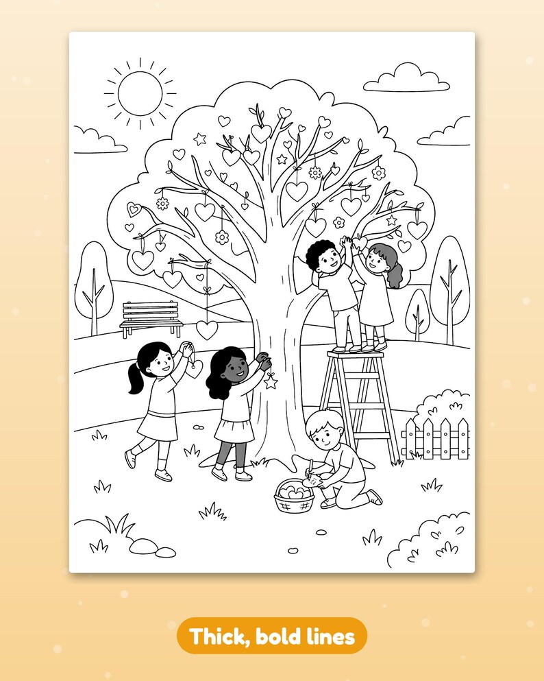 May include: A black and white coloring page featuring four children decorating a large tree with heart and star ornaments. Two children stand on a ladder, while two others reach for branches. One child kneels with a basket. The text reads Thick, bold lines.