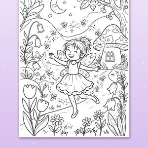 May include: A black and white coloring page featuring a fairy with wings dancing in a garden with flowers, bees, a crescent moon, and a mushroom house. The text at the bottom reads: Cute scenes kids love. The line art is detailed and clear.