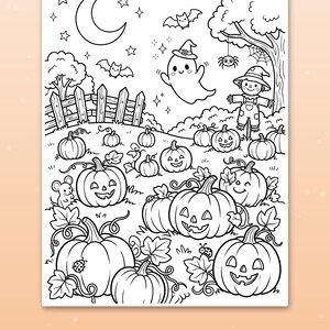 May include: A black and white coloring page featuring a pumpkin patch with a ghost, a scarecrow, bats, a crescent moon, and stars. The scene includes a wooden fence, a tree with a spider, and a small mouse. Text at the bottom reads: Big spaces for little hands.