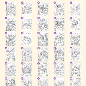 May include: A collection of 30 black and white coloring pages featuring unicorns and fairies in various outdoor settings. The text at the top reads Everything you get: 30 pages, and the bottom text reads + cover This book belongs to page closing page.