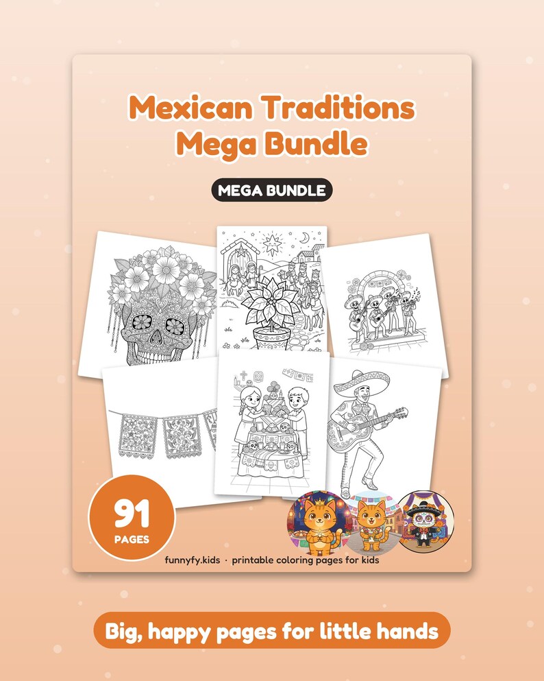 91 Coloring Pages Mega Bundle for Kids, Mexican Traditions Coloring Book, Day of the Dead and More, Printable PDF, Instant Download image 3