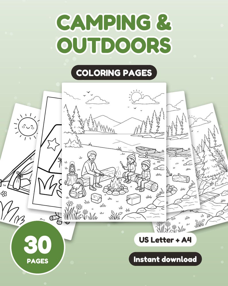 May include: A digital collection of 30 Camping & Outdoors coloring pages featuring black and white line art of tents, campfires, and nature scenes. The text reads Camping & Outdoors, Coloring Pages, 30 Pages, US Letter + A4, Instant download.
