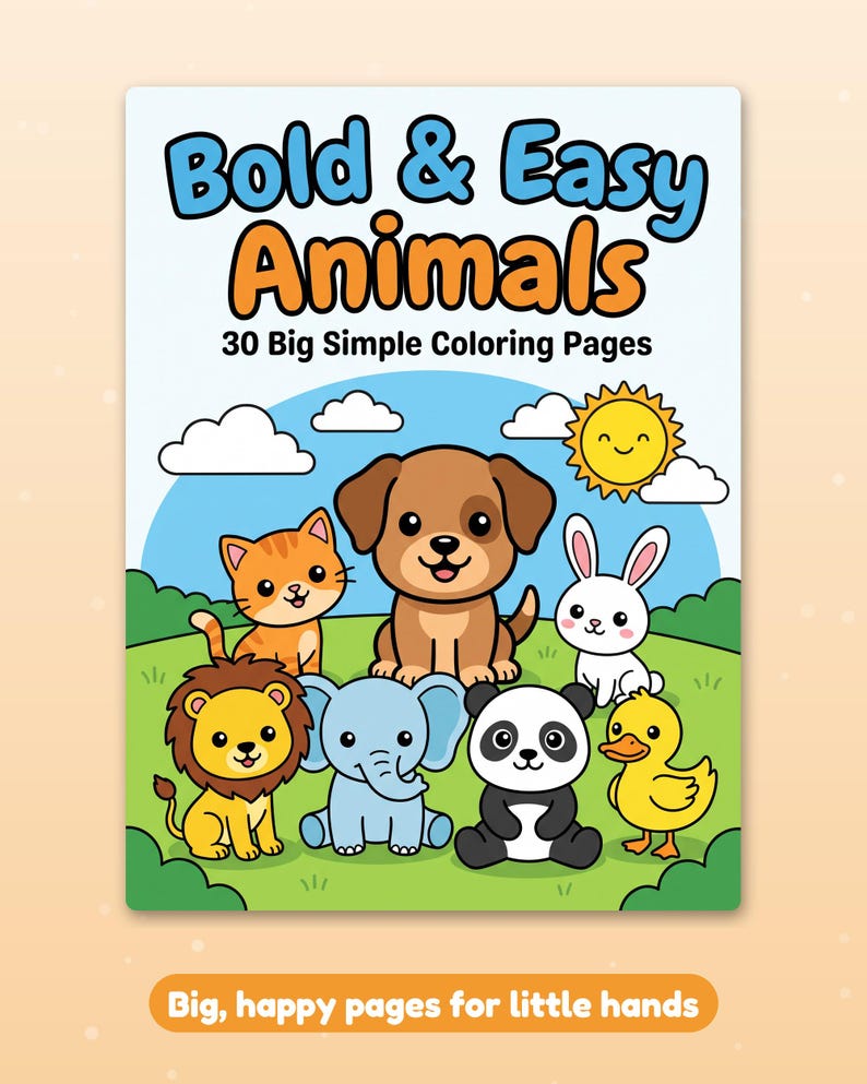 30 Bold and Easy Animal Coloring Pages for Toddlers, Simple Coloring Book, Preschool Printable, Big Thick Lines, Instant Download image 3