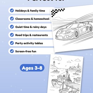 May include: A colouring book page set featuring a sports car on a track and a coastal harbour scene with boats and a lighthouse. Text includes "Perfect for" followed by a list of activities and "Ages 3-8" in a blue oval badge.