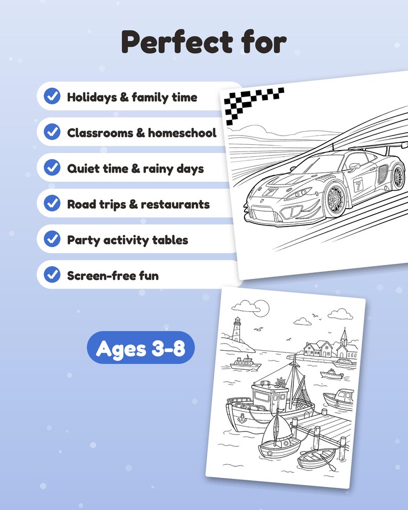 May include: A colouring book page set featuring a sports car on a track and a coastal harbour scene with boats and a lighthouse. Text includes "Perfect for" followed by a list of activities and "Ages 3-8" in a blue oval badge.