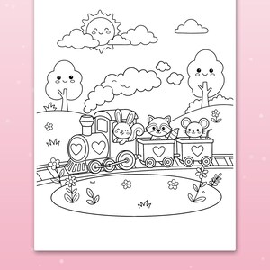 May include: A black and white coloring page featuring a steam train with heart motifs on the engine and cars. A rabbit, raccoon, and mouse are passengers. The scene includes a smiling sun, clouds, trees, and flowers in a landscape.