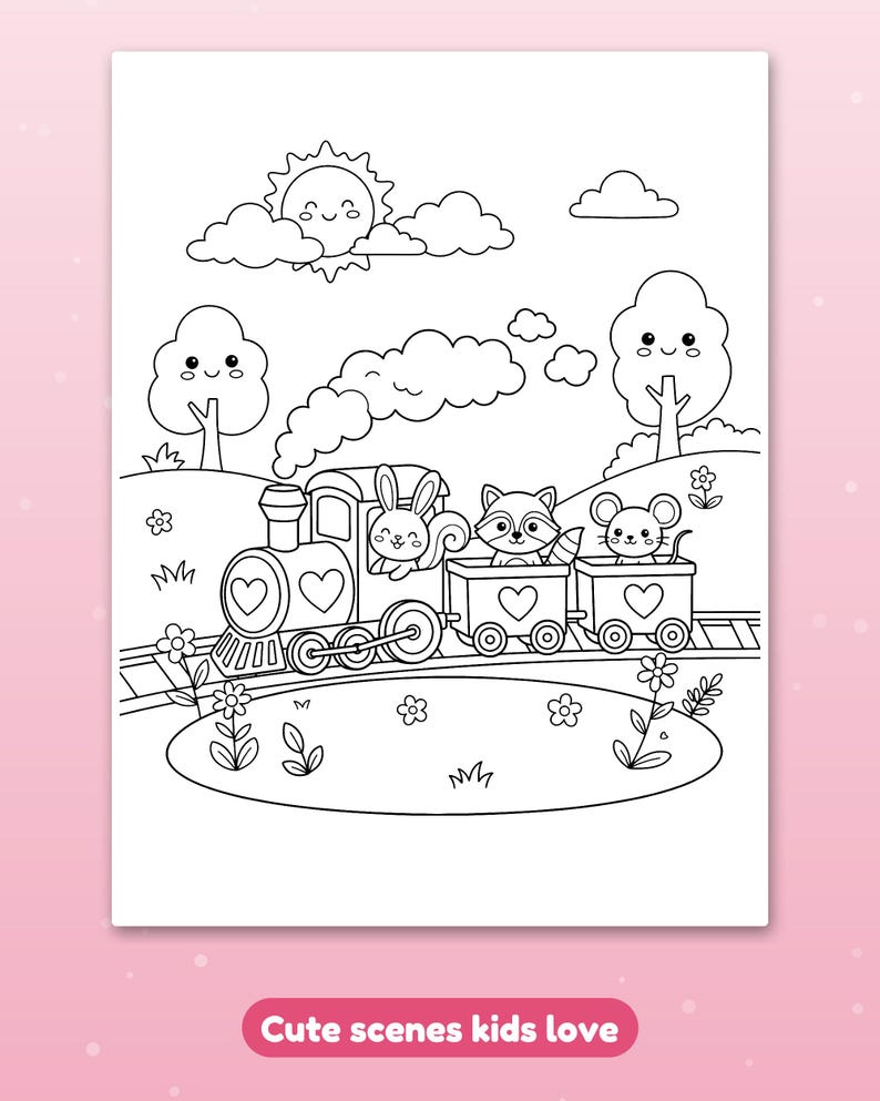 May include: A black and white coloring page featuring a steam train with heart motifs on the engine and cars. A rabbit, raccoon, and mouse are passengers. The scene includes a smiling sun, clouds, trees, and flowers in a landscape.