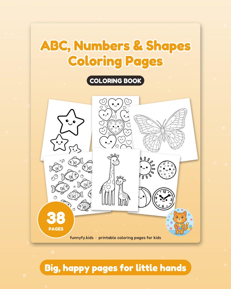 May include: A coloring book titled ABC, Numbers & Shapes Coloring Pages featuring 38 pages. The cover displays six black and white illustrations including stars, hearts, a butterfly, fish, giraffes, and a clock. A small orange cat icon is included.