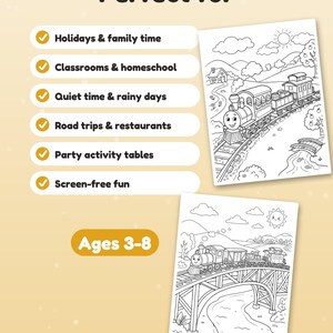K&ouml;nnte beinhalten: Zwei schwarz-wei&szlig;e Malvorlagen mit einem Cartoon-Zug, der durch eine Landschaft f&auml;hrt. Der Text enth&auml;lt 'Perfect for', eine Liste von Aktivit&auml;ten und 'Ages 3-8'. Die Seiten zeigen einen Zug auf Schienen in der N&auml;he eines Hauses.