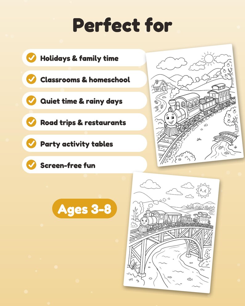 K&ouml;nnte beinhalten: Zwei schwarz-wei&szlig;e Malvorlagen mit einem Cartoon-Zug, der durch eine Landschaft f&auml;hrt. Der Text enth&auml;lt 'Perfect for', eine Liste von Aktivit&auml;ten und 'Ages 3-8'. Die Seiten zeigen einen Zug auf Schienen in der N&auml;he eines Hauses.