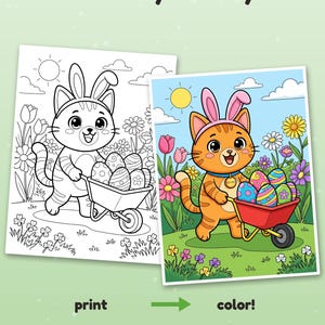 May include: A coloring page set featuring a cat wearing bunny ears and pushing a wheelbarrow filled with Easter eggs in a garden. The text reads Color it your way!, print, and color!. Includes a black and white version and a colored example.