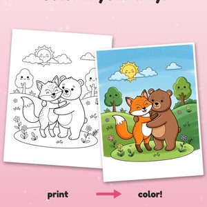 May include: A coloring page set featuring a black and white line art illustration of a fox and bear hugging, alongside a full-color version. The text reads Color it your way!, print, color!, and Example colored with AI, for inspiration.