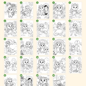 May include: A collection of 24 black and white coloring pages featuring a cartoon cat explorer interacting with various dinosaurs in prehistoric settings. The text Everything you get: 24 pages and + cover This book belongs to page closing page is visible.