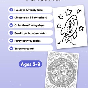 Puede incluir: Dos p&aacute;ginas para colorear con temas espaciales. Una p&aacute;gina muestra un cohete con dos personajes y estrellas. La otra p&aacute;gina es una ilustraci&oacute;n circular detallada de planetas, estrellas, un sol y una luna. Texto: "Perfect for" y "Ages 3-8".