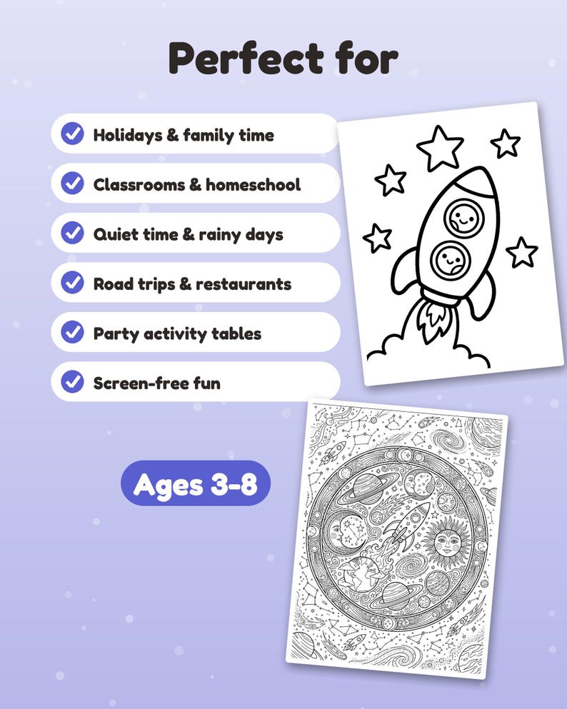 Puede incluir: Dos p&aacute;ginas para colorear con temas espaciales. Una p&aacute;gina muestra un cohete con dos personajes y estrellas. La otra p&aacute;gina es una ilustraci&oacute;n circular detallada de planetas, estrellas, un sol y una luna. Texto: "Perfect for" y "Ages 3-8".