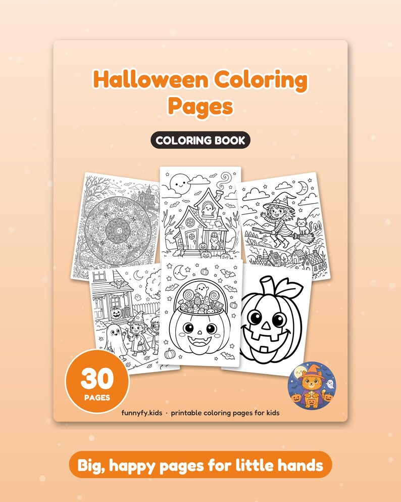 30 pagine da colorare di Halloween per bambini, libro da colorare di Halloween, zucca, fantasma, strega, pipistrello carino, PDF stampabile, download immediato immagine 3