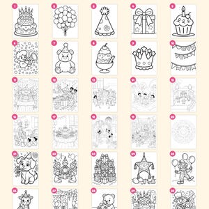 May include: A collection of 30 black and white coloring pages featuring birthday-themed illustrations including cakes, balloons, party hats, gifts, and animals. The text Everything you get: 30 pages is at the top, with a cover and closing page listed below.