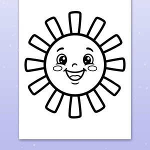 Puede incluir: Una p&aacute;gina para colorear en blanco y negro que muestra un sol sonriente con una cara alegre, ojos grandes y mejillas sonrosadas. El sol est&aacute; rodeado por doce rayos rectangulares. El texto "Thick, bold lines" aparece en la parte inferior.
