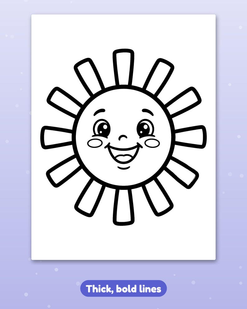 Puede incluir: Una p&aacute;gina para colorear en blanco y negro que muestra un sol sonriente con una cara alegre, ojos grandes y mejillas sonrosadas. El sol est&aacute; rodeado por doce rayos rectangulares. El texto "Thick, bold lines" aparece en la parte inferior.