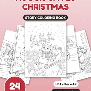 Puede incluir: Un libro para colorear de 24 páginas titulado NUGGIS SAVES CHRISTMAS. La portada presenta una ilustración en blanco y negro de un gato y Santa Claus en un trineo tirado por renos sobre un pueblo nevado. Incluye tamaños US Letter y A4.