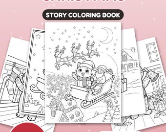 May include: A 24-page story coloring book titled NUGGIS SAVES CHRISTMAS. The cover features a black and white line art illustration of a cat and Santa Claus in a sleigh pulled by reindeer over a snowy village. Includes US Letter and A4 sizes.
