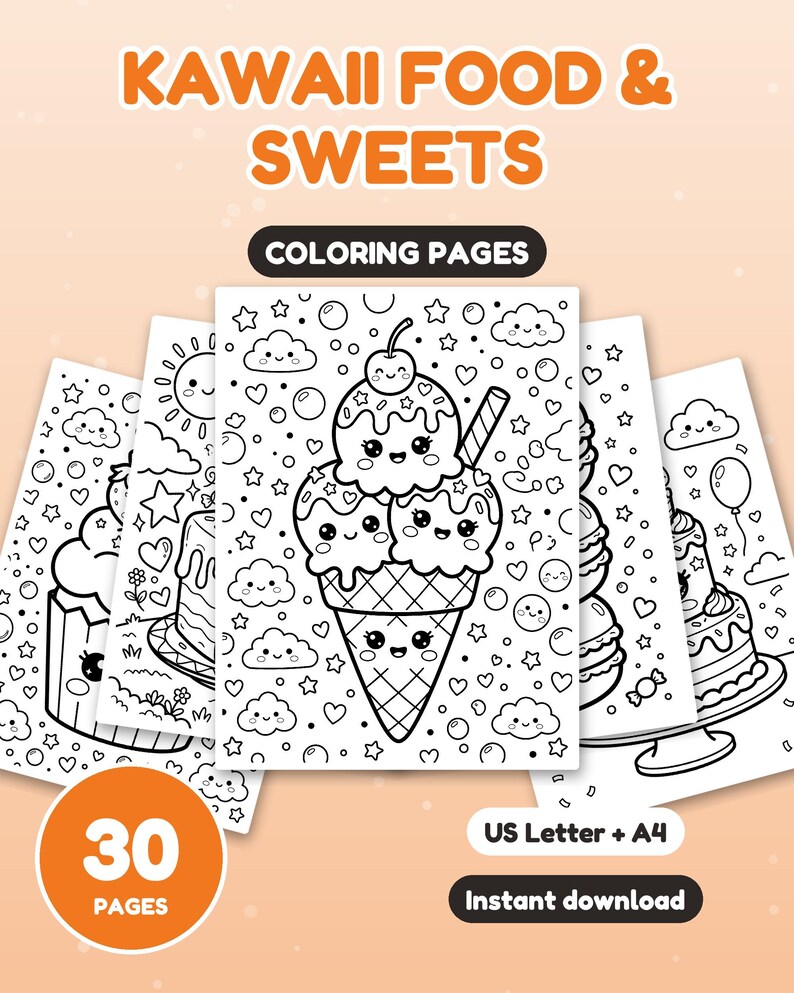 30 Kawaii Food Coloring Pages for Kids, Cute Food and Sweets Coloring ...