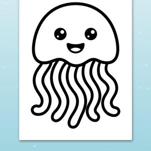 May include: A black and white coloring page featuring a cartoon jellyfish with a rounded head, large circular eyes, and a smiling mouth. The illustration is composed of thick, bold lines on a white background, with the text Thick, bold lines.