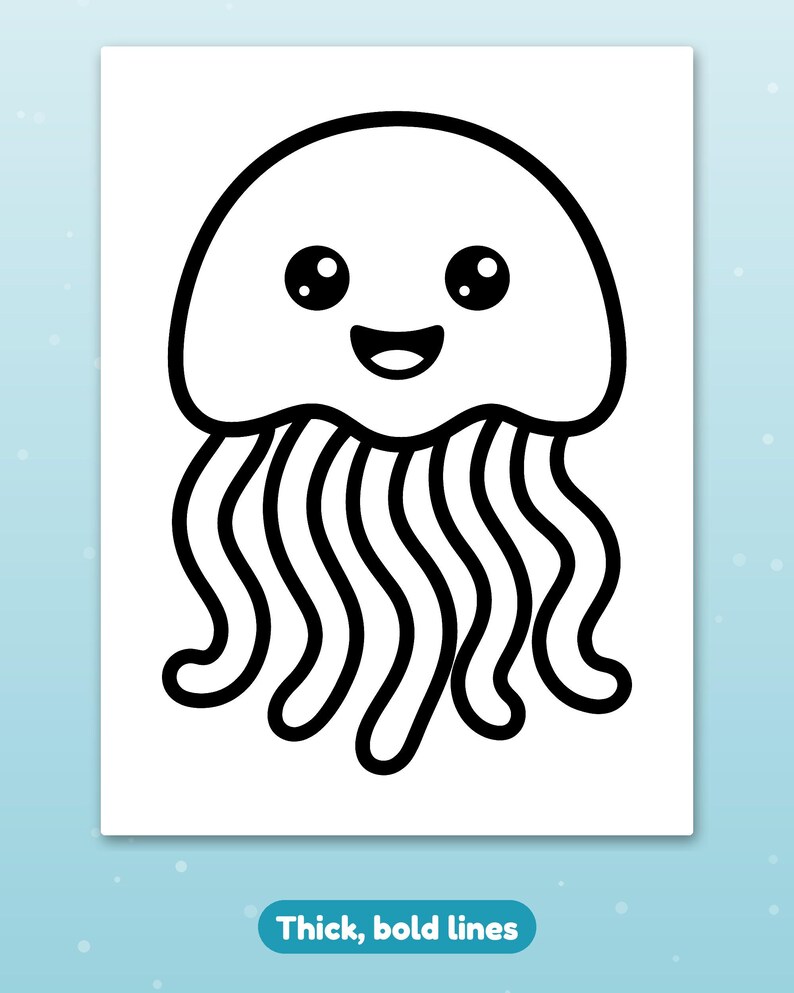 May include: A black and white coloring page featuring a cartoon jellyfish with a rounded head, large circular eyes, and a smiling mouth. The illustration is composed of thick, bold lines on a white background, with the text Thick, bold lines.