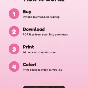 May include: A light pink informational graphic titled How it works with four numbered steps in pink circles: 1 Buy, 2 Download PDF files from Etsy, 3 Print at home or a shop, and 4 Color. Includes a Digital file: nothing is shipped notice.