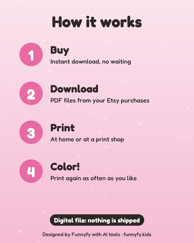 May include: A light pink informational graphic titled How it works with four numbered steps in pink circles: 1 Buy, 2 Download PDF files from Etsy, 3 Print at home or a shop, and 4 Color. Includes a Digital file: nothing is shipped notice.