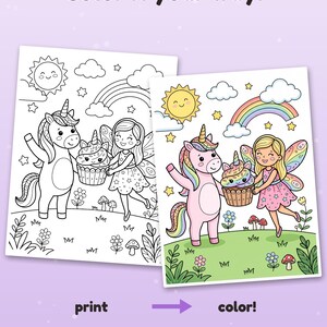 May include: Two coloring pages featuring a unicorn and a fairy holding a cupcake under a sun and rainbow. Text reads: Color it your way! print color! Example colored with AI, for inspiration (pages come in black & white).