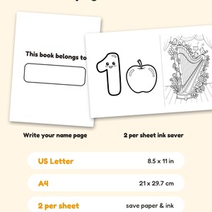 May include: A digital coloring book page set featuring a 'This book belongs to' name page and a page with the number one, an apple, and a harp illustration. Includes US Letter 8.5 x 11 in and A4 21 x 29.7 cm format options for printing.