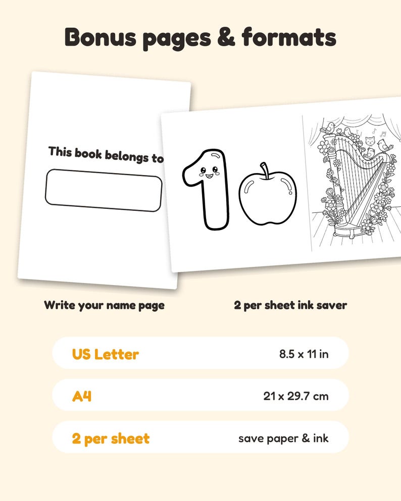 May include: A digital coloring book page set featuring a 'This book belongs to' name page and a page with the number one, an apple, and a harp illustration. Includes US Letter 8.5 x 11 in and A4 21 x 29.7 cm format options for printing.