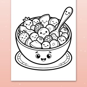 May include: A black and white coloring page featuring a bowl of fruit with smiling faces. The bowl sits on a saucer and contains strawberries, blueberries, and blackberries, all with happy expressions. A spoon with a face rests inside.