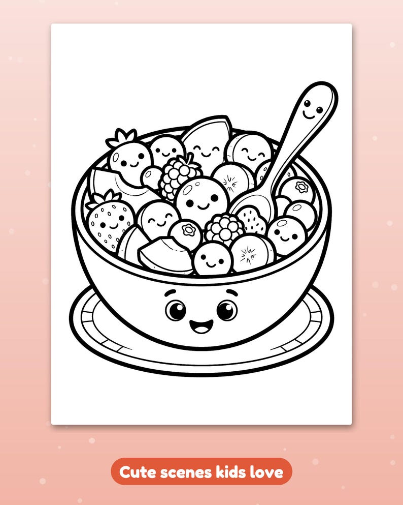 May include: A black and white coloring page featuring a bowl of fruit with smiling faces. The bowl sits on a saucer and contains strawberries, blueberries, and blackberries, all with happy expressions. A spoon with a face rests inside.