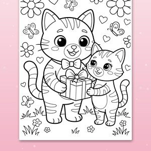 May include: A black and white coloring page featuring two striped cats, one larger and one smaller, holding a gift box with a bow. The background includes flowers, butterflies, and hearts. The design is composed of thick, bold black lines.