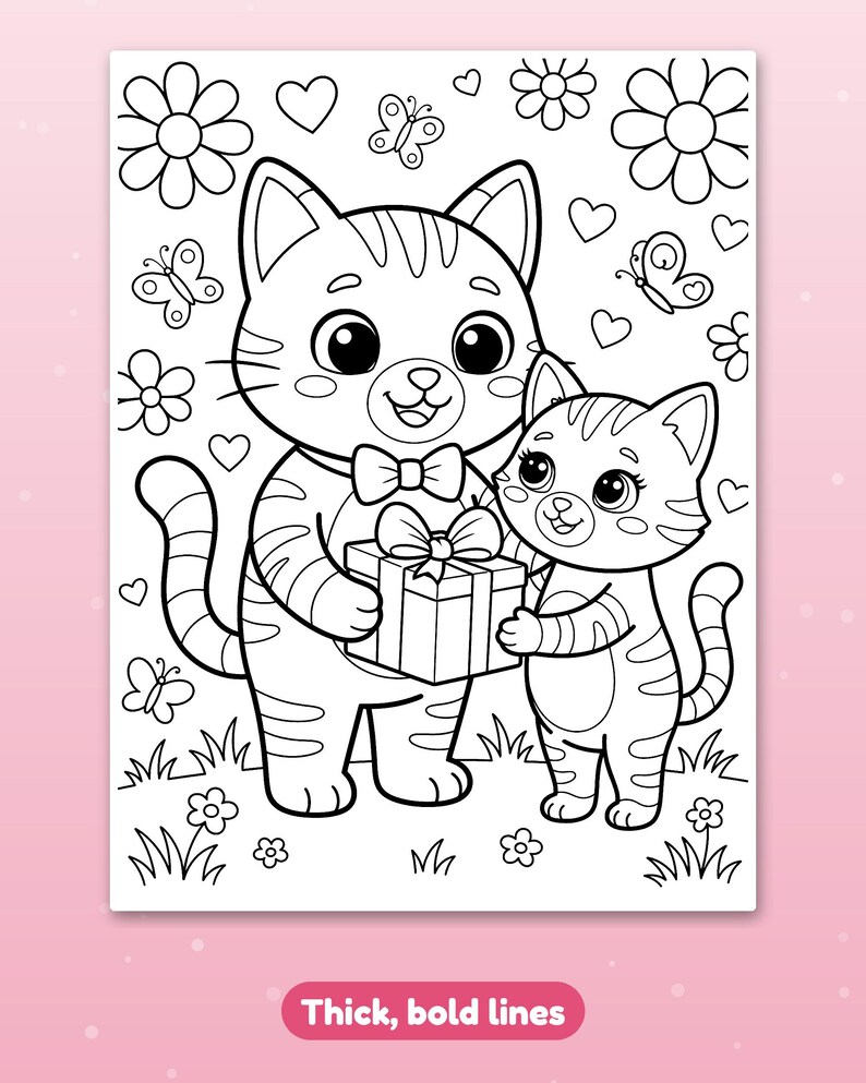 May include: A black and white coloring page featuring two striped cats, one larger and one smaller, holding a gift box with a bow. The background includes flowers, butterflies, and hearts. The design is composed of thick, bold black lines.