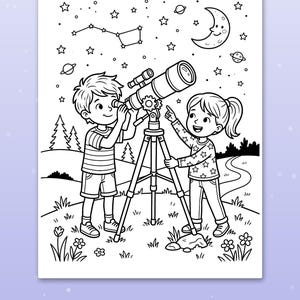 Puede incluir: Una p&aacute;gina para colorear en blanco y negro con dos ni&ntilde;os observando el cielo nocturno con un telescopio sobre un tr&iacute;pode. La escena incluye una luna creciente, estrellas, planetas, una constelaci&oacute;n, &aacute;rboles y flores. El texto dice Big spaces for little hands.