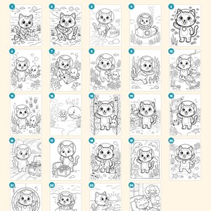 Puede incluir: Una colecci&oacute;n de 24 p&aacute;ginas para colorear en blanco y negro con un gato de dibujos animados en varios escenarios submarinos y espaciales. Las p&aacute;ginas incluyen escenas con submarinos, cofres del tesoro, criaturas marinas y un gato durmiendo.