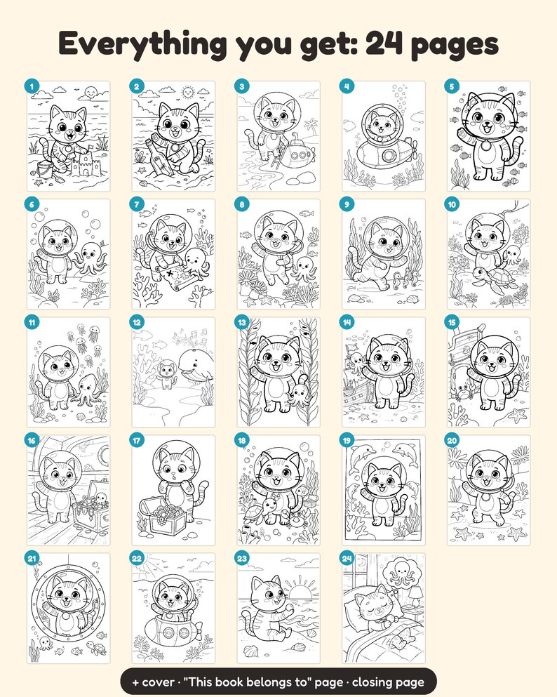 Puede incluir: Una colecci&oacute;n de 24 p&aacute;ginas para colorear en blanco y negro con un gato de dibujos animados en varios escenarios submarinos y espaciales. Las p&aacute;ginas incluyen escenas con submarinos, cofres del tesoro, criaturas marinas y un gato durmiendo.