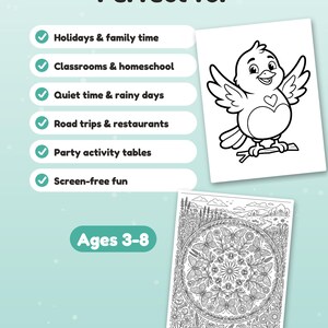K&ouml;nnte beinhalten: Ein Malbuch-Set mit einem Cartoon-Vogel auf einem Ast und einem detaillierten Blumen-Mandala mit Schmetterlingen. Der Text lautet Perfect for, Holidays & family time, Classrooms & homeschool, Quiet time & rainy days, Road trips & restaurants, Party activity tables, Screen-free fun und Ages 3-8.