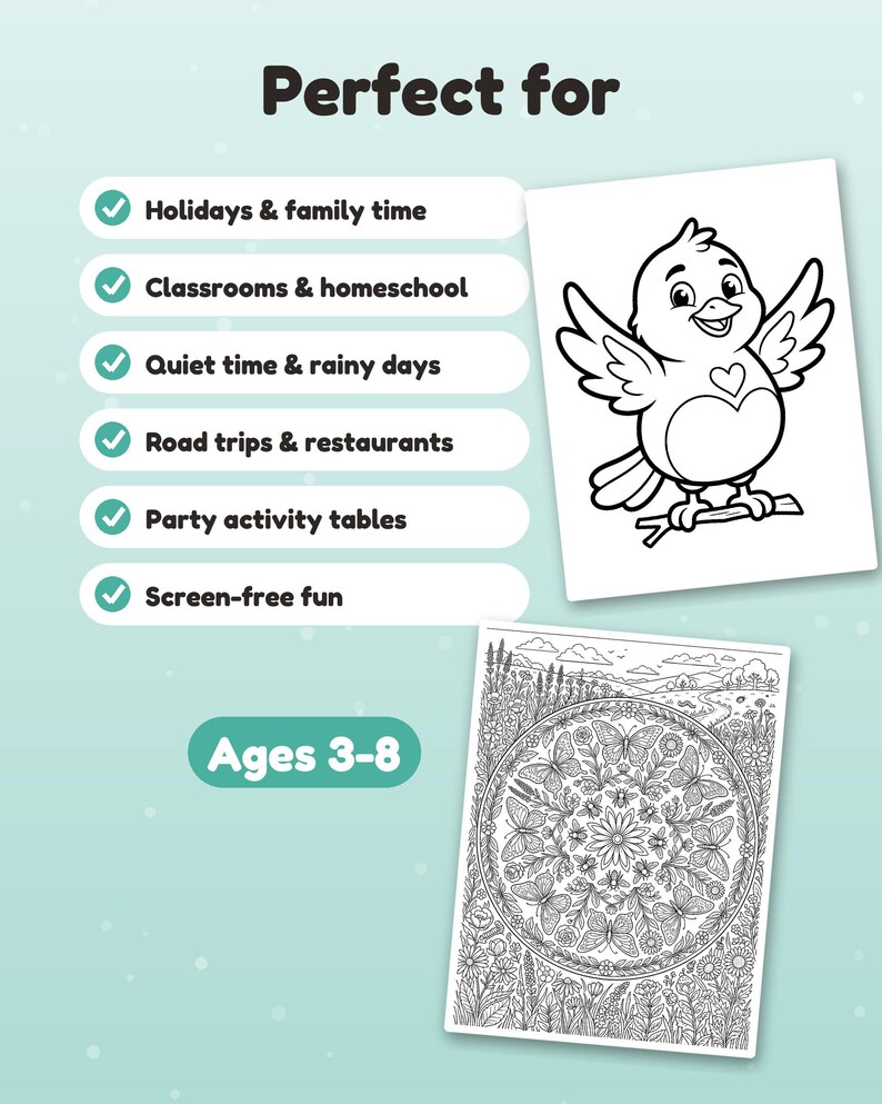 K&ouml;nnte beinhalten: Ein Malbuch-Set mit einem Cartoon-Vogel auf einem Ast und einem detaillierten Blumen-Mandala mit Schmetterlingen. Der Text lautet Perfect for, Holidays & family time, Classrooms & homeschool, Quiet time & rainy days, Road trips & restaurants, Party activity tables, Screen-free fun und Ages 3-8.