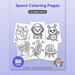 Puede incluir: Un libro para colorear Space Coloring Pages de 20 p&aacute;ginas con ilustraciones en blanco y negro de una luna, un perro con traje espacial, un alien&iacute;gena, un astronauta, un cohete y un platillo volante. La portada incluye el texto funnyfy.kids.