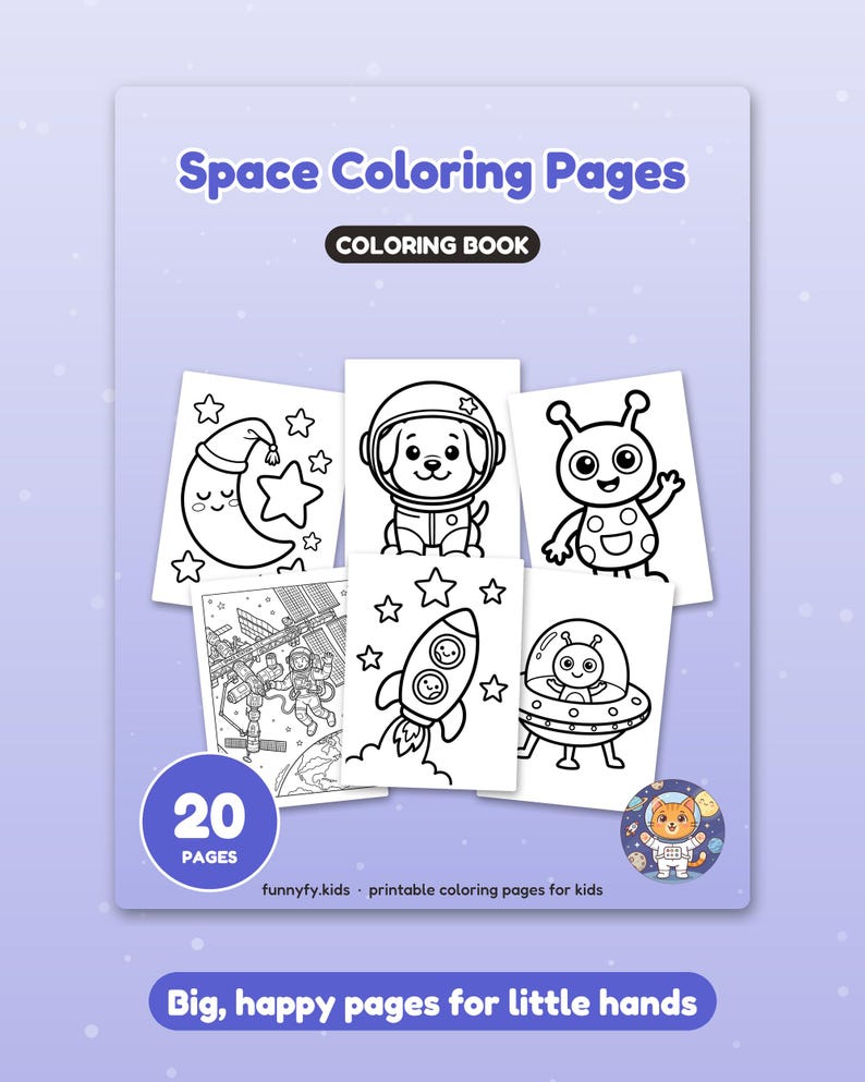 Puede incluir: Un libro para colorear Space Coloring Pages de 20 p&aacute;ginas con ilustraciones en blanco y negro de una luna, un perro con traje espacial, un alien&iacute;gena, un astronauta, un cohete y un platillo volante. La portada incluye el texto funnyfy.kids.