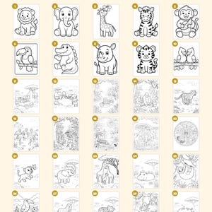 May include: A collection of 30 black and white colouring pages featuring various jungle animals, including lions, elephants, giraffes, zebras, monkeys, and toucans. The pages are numbered 1 through 30, with additional cover and closing pages.