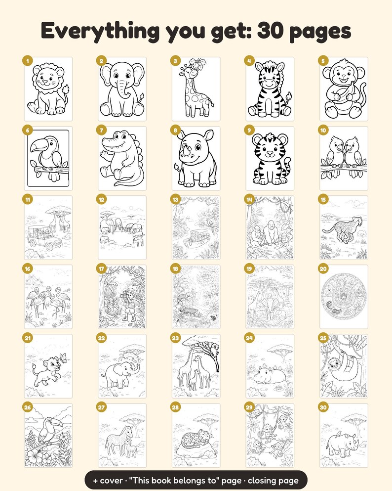 May include: A collection of 30 black and white colouring pages featuring various jungle animals, including lions, elephants, giraffes, zebras, monkeys, and toucans. The pages are numbered 1 through 30, with additional cover and closing pages.