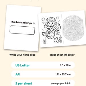 May include: A digital coloring book page set featuring a 'This book belongs to' name page and a sheet with two designs: a mermaid with bubbles and a detailed mandala. Text includes 'US Letter 8.5 x 11 in', 'A4 21 x 29.7 cm', and '2 per sheet'.